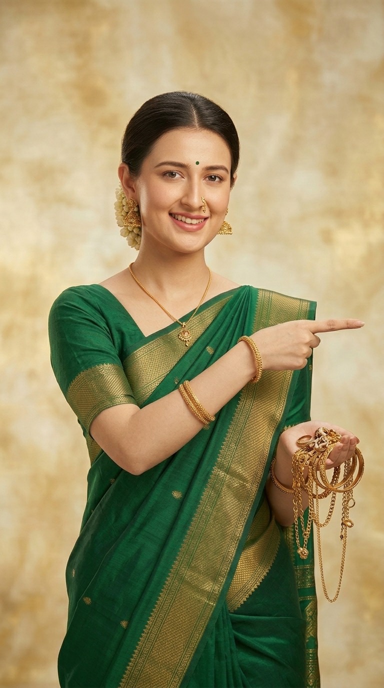 A woman in a green saree pointing to the reasons families choose Aaradyaa Gold, holding gold jewellery